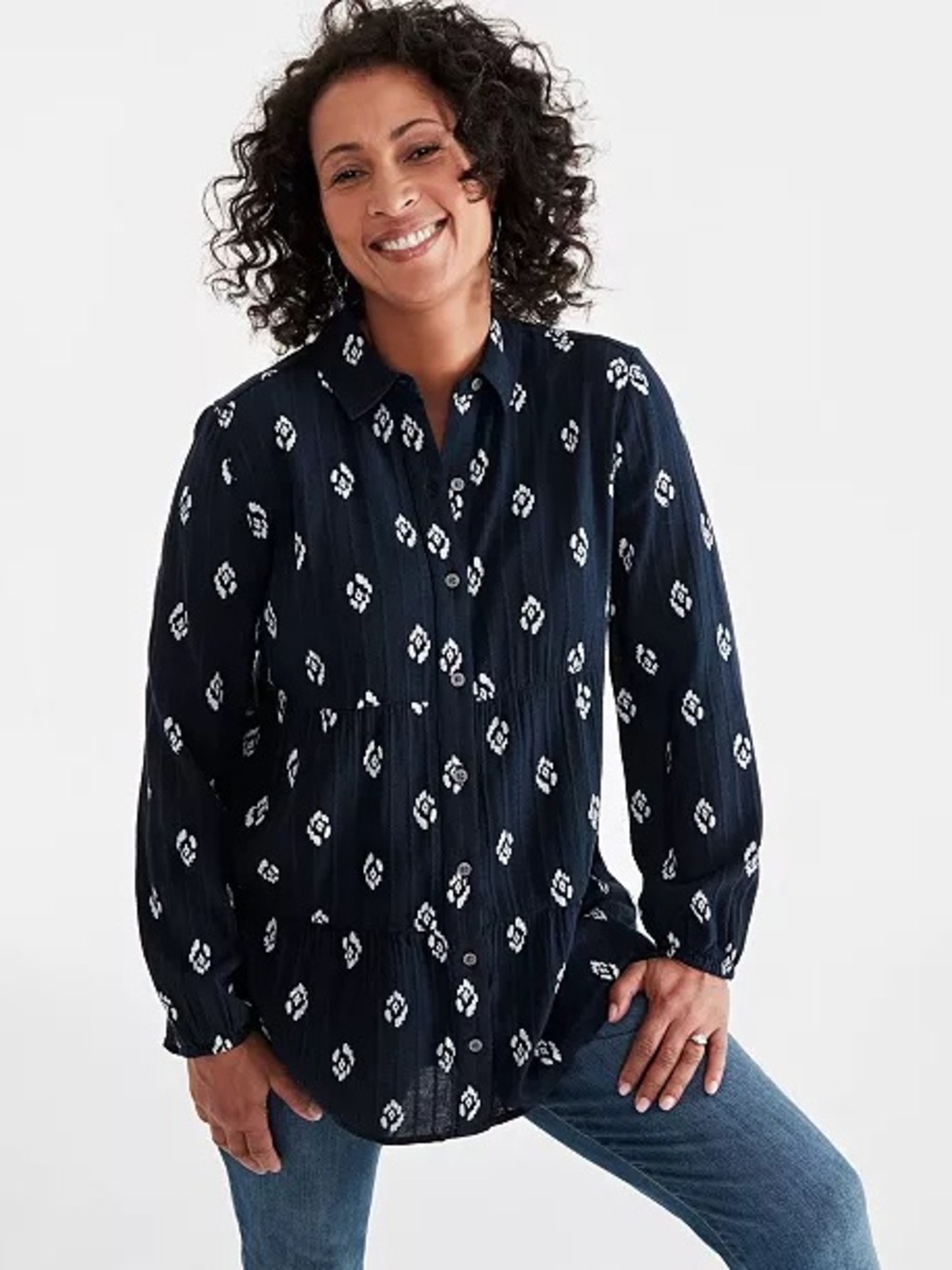 Style & Co. Navy Printed Button-Front Blouse